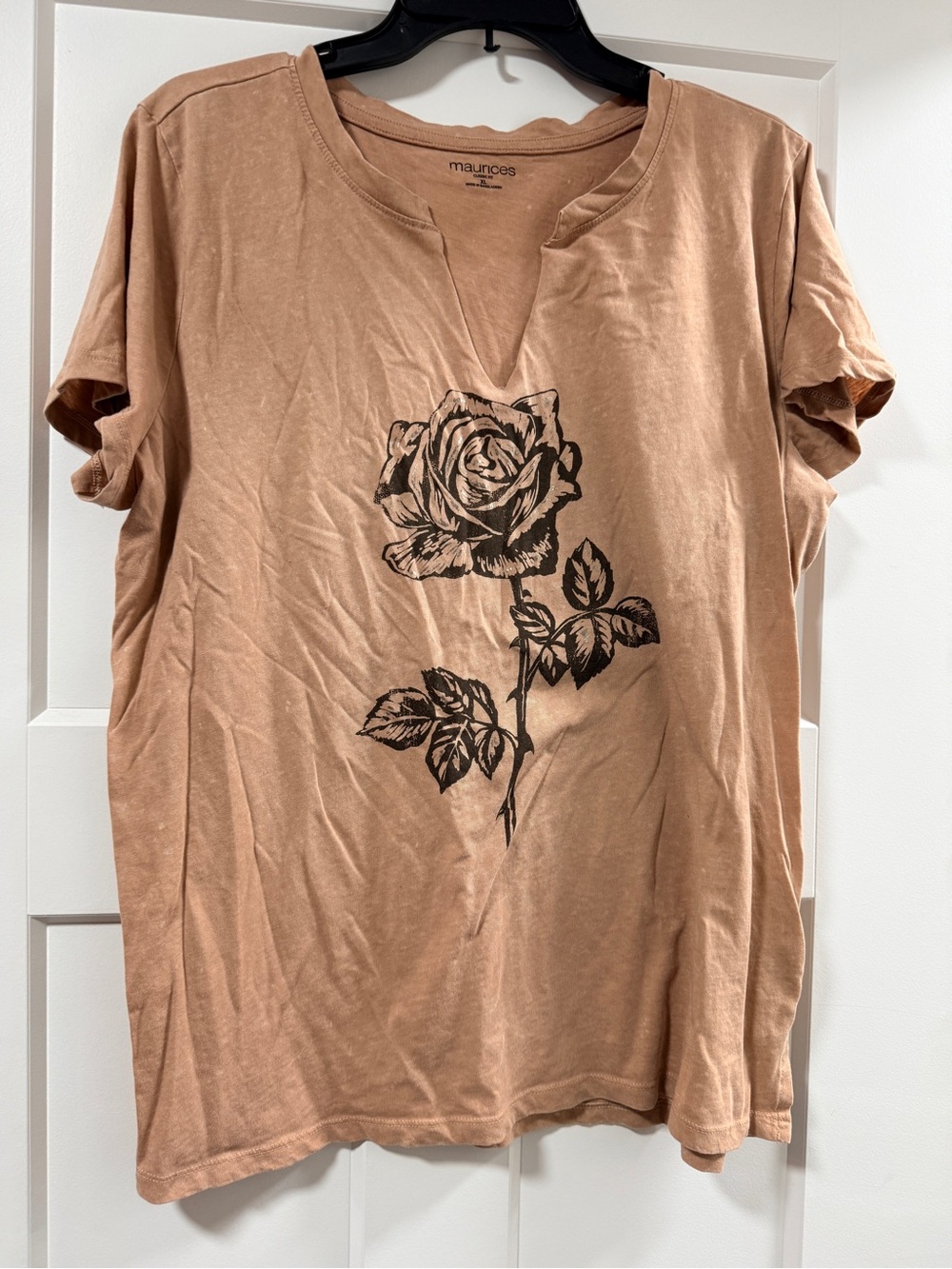 Maurices Tan V-Neck Tee with Black Rose Graphic